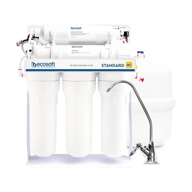 May include: A white reverse osmosis water filtration system with a standard UV filter. The system has four stages and includes a faucet. The system is labeled "STANDARD" and "REVERSE OSMOSIS FILTER".