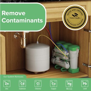 May include: A water filtration system under a kitchen sink with a green and white filter housing. The system removes contaminants like zinc, cadmium, chlorine, copper, mercury, and lead. The system is tested and certified under water quality industry standards.