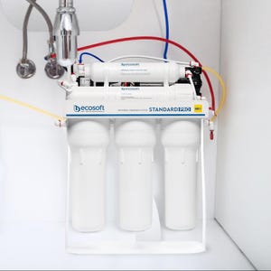 May include: A white reverse osmosis water filtration system with four filters. The system has a blue and red label that reads "STANDARD PRO" and "REVERSE OSMOSIS FILTER".