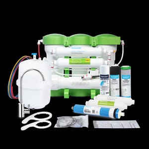May include: A whole-house water filtration system with a green and white filter housing, a white tank with a chrome faucet, and various filter cartridges. The system includes a sediment filter, a carbon filter, a GAC filter, a CTO filter, and a balance filter. The filters are labeled with their respective functions.
