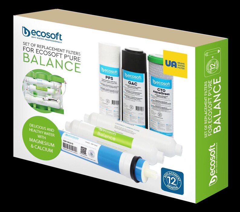 May include: A box of replacement filters for the EcoSoft P'ure Balance water filtration system. The box is green and white with a picture of the filters and the text "Decosoft" and "Balance".