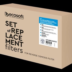 Puede incluir: Una caja de cartón marrón con una etiqueta blanca que dice "Set of 5 Replacement Filters for Reverse Osmosis Filters". La etiqueta también enumera los diferentes tipos de filtros incluidos en el conjunto: PPS, GAC, PP1, 50 GPD y POSTMIN. La caja está etiquetada con el logotipo de Decosoft y el texto "SWT Water Professionals".