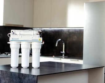 May include: A white water filtration system with four filters and the text "by eco soft STANDARD" on the top. The system is sitting on a black countertop.