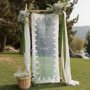 Modern Laced Sheer Wedding Welcome Sign, Wedding Welcome Sign,Wedding Fabric Welcome Sign, Custom Linen Wedding Sign, Boho Romantic