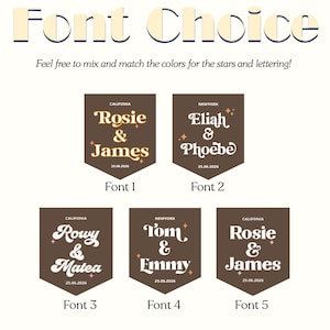 May include: A graphic display titled Font Choice featuring five brown pennant-shaped banners. Each banner displays names, a location like California or New York, and the date 25.06.2026 in various white or gold typography styles with small star icons.