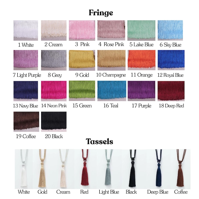 May include: A color chart displaying twenty numbered fringe samples in various shades including white, pink, blue, and black, followed by eight hanging tassels in colors like white, gold, cream, red, light blue, black, deep blue, and coffee.