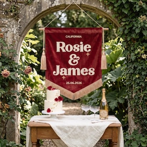 Personalized Emboriderd Velvet Wedding Banner, Vintage Welcome Sign, Embroidered Last Name Flag image 18