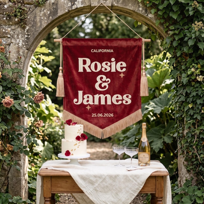 Personalized Emboriderd Velvet Wedding Banner, Vintage Welcome Sign, Embroidered Last Name Flag image 18