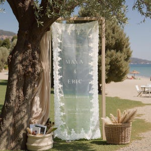 Modern Laced Sheer Wedding Welcome Sign, Wedding Welcome Sign,Wedding Fabric Welcome Sign, Custom Linen Wedding Sign, Boho Romantic