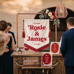 Personalized Emboriderd Velvet Wedding Banner, Vintage Welcome Sign, Embroidered Last Name Flag image 15