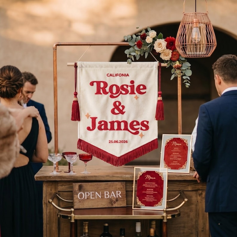 Personalized Emboriderd Velvet Wedding Banner, Vintage Welcome Sign, Embroidered Last Name Flag image 15