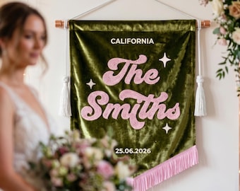 Personalized Last Name Flag, Custom Wedding Banner, Velvet Family Name Sign, Wedding Reception Decor, Bride and Groom Gift, Wedding Gift
