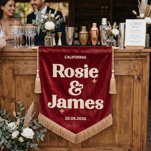 Personalized Emboriderd Velvet Wedding Banner, Vintage Welcome Sign, Embroidered Last Name Flag image 19