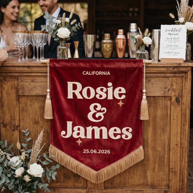 Personalized Emboriderd Velvet Wedding Banner, Vintage Welcome Sign, Embroidered Last Name Flag image 19
