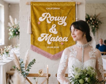 Personalized Emboriderd Wedding Banner, Custom Vintage Welcome Sign, Mordern Wedding Decor, Last Name Banner Flag