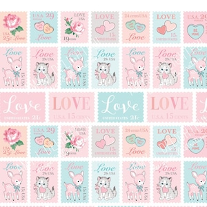 Printable LOVE Postage Stamp style stickersDigital File Instant Download Valentine's Day, happy mail, crafting, embellishment, hand drawn image 1