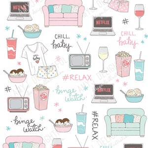 Printable Chill Night stickers! - Digital File Instant Download- TV, binge watching, night off, snacks, relaxing, pjs, bando, happy planner