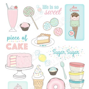 Printable Sweet Treats die cuts -Digital File Instant Download- hand drawn, vintage, ephemera, pastels, cake, ice cream, milk shake, pie