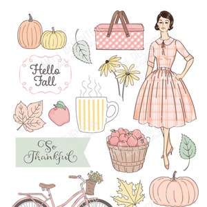 Découpes imprimables Retro Fall ! -Digital File Instant Download- éphémères, scrapbooking, Retro Girl, vintage lady, feuilles, citrouilles, pommes