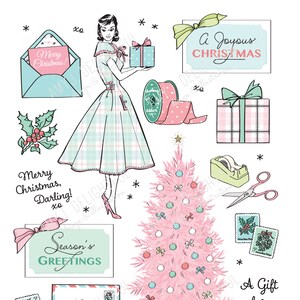 Printable Christmas Gifts die cuts! - Digital File Instant Download- retro holiday, planner girl pink tree, presents, mail, letter, packages