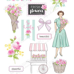 Printable FLOWER MARKET die cuts! - Digital File Instant Download- pink, mint, garden, ephemera, pastels, collage, scrapbooking, bando,