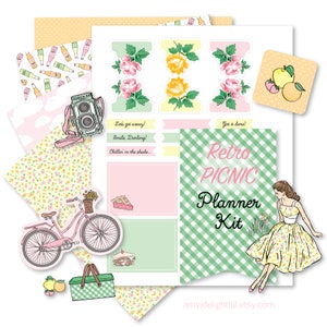 Printable Retro PICNIC Planner Kit!-Digital File Instant Download- die cuts, stickers, digital paper, tabs, Happy Planner, hand drawn