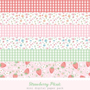 Strawberry Picnic Mini Digital Paper Pack - carte digitali, vintage, retrò, estate, frutta, bacche, quadretti, rosa, rosso, verde, a quadri, plaid