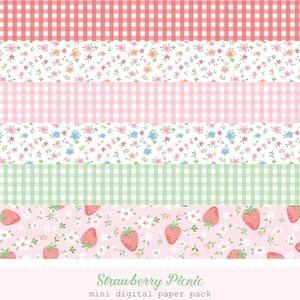 Strawberry Picnic Mini Digital Paper Pack - digital papers, vintage, retro, summer, fruit, berries, gingham, pink, red, green, check, plaid