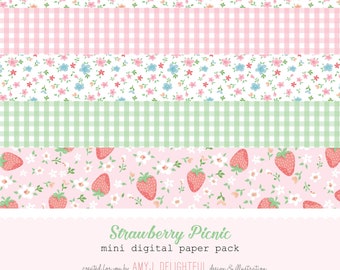 Strawberry Picnic Mini Digital Paper Pack - digital papers, vintage, retro, summer, fruit, berries, gingham, pink, red, green, check, plaid