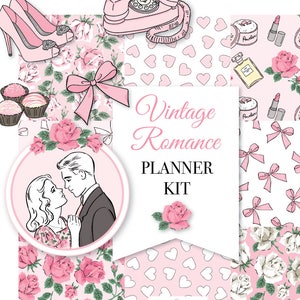 Printable Vintage Romance Planner KitDigital Instant Download-die cuts, stickers, digital paper, journal cards, Valentines Day, hand drawn image 1