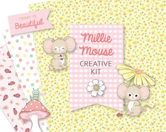 Printable Millie Mouse Creative Kit!-Digital File Instant Download-die cuts, stickers, digital paper, tabs, journal cards, spring, mushrooms