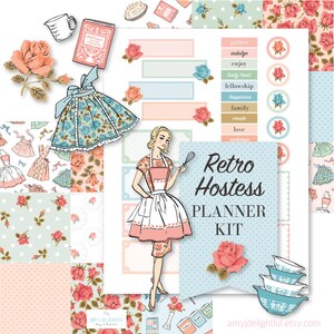 Printable Retro Hostess Planner Kit!-Digital File Instant Download-die cuts, stickers, digital paper, recipe cards, Thanksgiving, hand drawn
