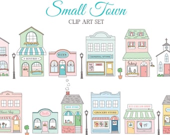 Small Town CLIP ART SET for personal and commercial use -main street, old fashioned, station wagon, storefronts, shopping, downtown , shops
