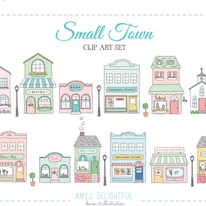 Small Town CLIP ART SET for personal and commercial use -main street, old fashioned, station wagon, storefronts, shopping, downtown , shops