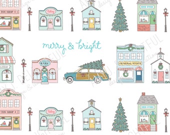 Printable Small Town Christmas STICKERS! - Digital File Instant Download- retro holiday, main street, old fashioned, vintage, station wagon