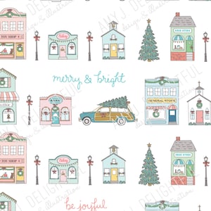 May include: A digital illustration of a Christmas-themed town with various buildings, including a toy shop, bakery, bank, general store, and a church. The illustration features a vintage car with a Christmas tree on top, and a Christmas tree in the center of the town. The text "be joyful" and "merry & bright" are written in the illustration.