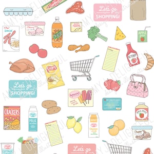 Afdrukbare boodschappen stickers!-Digitaal bestand Instant Download-boodschappen, supermarkt, kar, eten, portemonnee, Happy planner, met de hand getekend