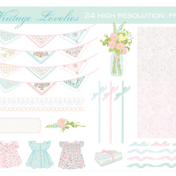 Vintage Lovelies..ribbons, lace, flowers, and pearls CLIP ART SET -for personal and commercial use- hankie bunting