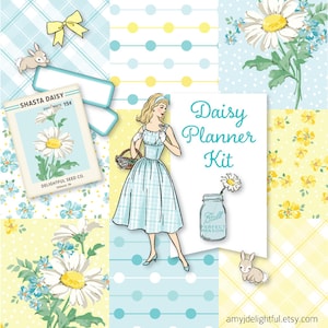 Afdrukbare DAISY Planner Kit!-Digital Instant Download-geel, die cuts, stickers, digitaal papier, journal cards, Lente, Pasen, handgetekend