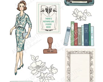 May include: A vintage illustration of a woman wearing a blue and white patterned dress, a typewriter, a book with the text "There's nothing like a good book", a stack of books, a flower, and a library card with the text "Brookesboro Public Library".