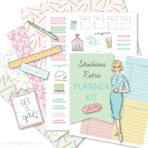 Printable Studious Retro Girl Planner KitDigital File Instant Download-die cuts, stickers, digital paper, library cards, Bando, hand drawn image 1