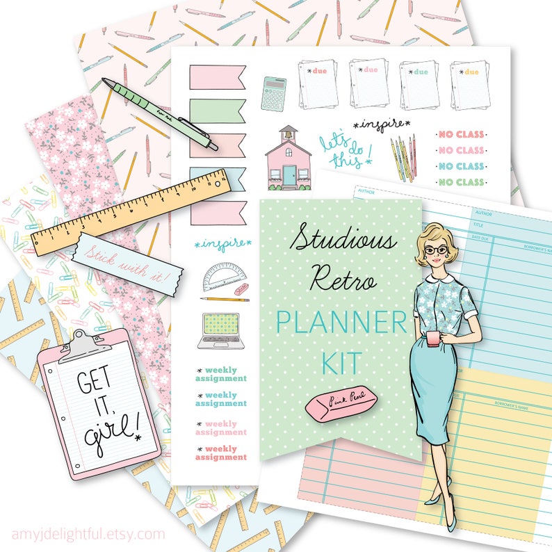 Printable Studious Retro Girl Planner KitDigital File Instant Download-die cuts, stickers, digital paper, library cards, Bando, hand drawn image 1