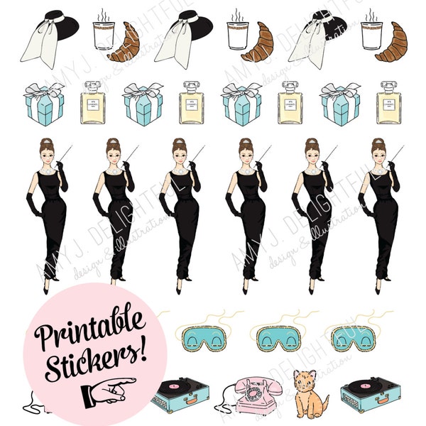 Printable BREAKFAST at TIFFANY'S stickers!-Digital File Instant Download-1960s Audrey Hepburn, planner stickers, bando, hand drawn