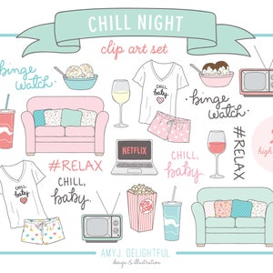 CHILL TIME! Clip Art Set for personal and commercial use-planners, bando, movie night, relax time, binge watch