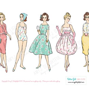 Set di campioni di fustellati RETRO GIRLS stampabili! - Download istantaneo del file digitale: disegnato a mano, effimera, signora vintage, anni '60, pastelli, collage