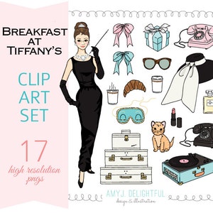 Desayuno en Tiffany's CLIP ART SET para uso personal y comercial: moda retro, Audrey Hepburn, máscara para dormir, gafas de sol, perfume, glamour