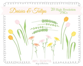 Daisies, Tulips, and Greenery CLIP ART SET for personal and commercial use