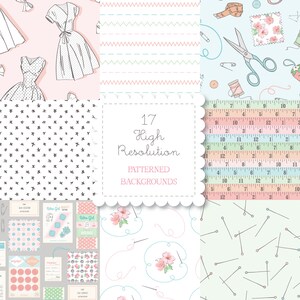Könnte beinhalten: Ein Set mit 17 hochauflösenden gemusterten Hintergründen mit Nähmotiven. Die Muster umfassen Punkte, Streifen, Blumenmuster und Nähwerkzeuge wie Nadeln, Stecknadeln und Lineale.