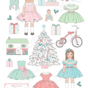 Printable Christmas Dreams die cuts! - Digital File Instant Download- retro holiday, paper doll, white tree, presents, doll house, toys