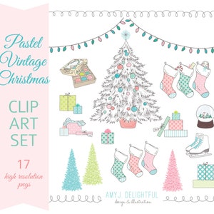 Pastel Vintage Christmas Holiday CLIP ART SET for personal and commercial use - tree, ice skates, stockings, gifts, snow globe, lights